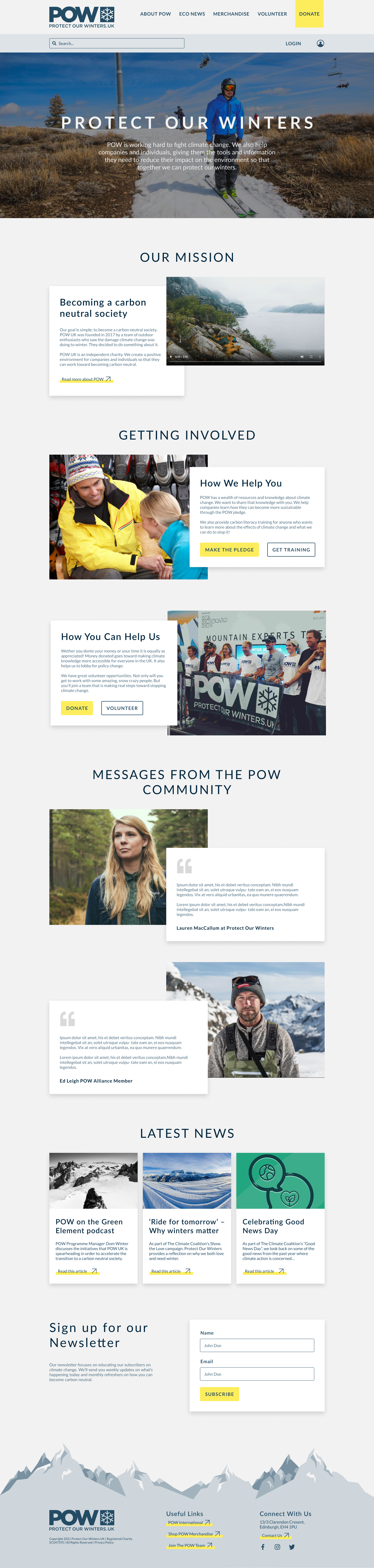 Redesigned Protect Our Winters homepage establishing trust and clarity